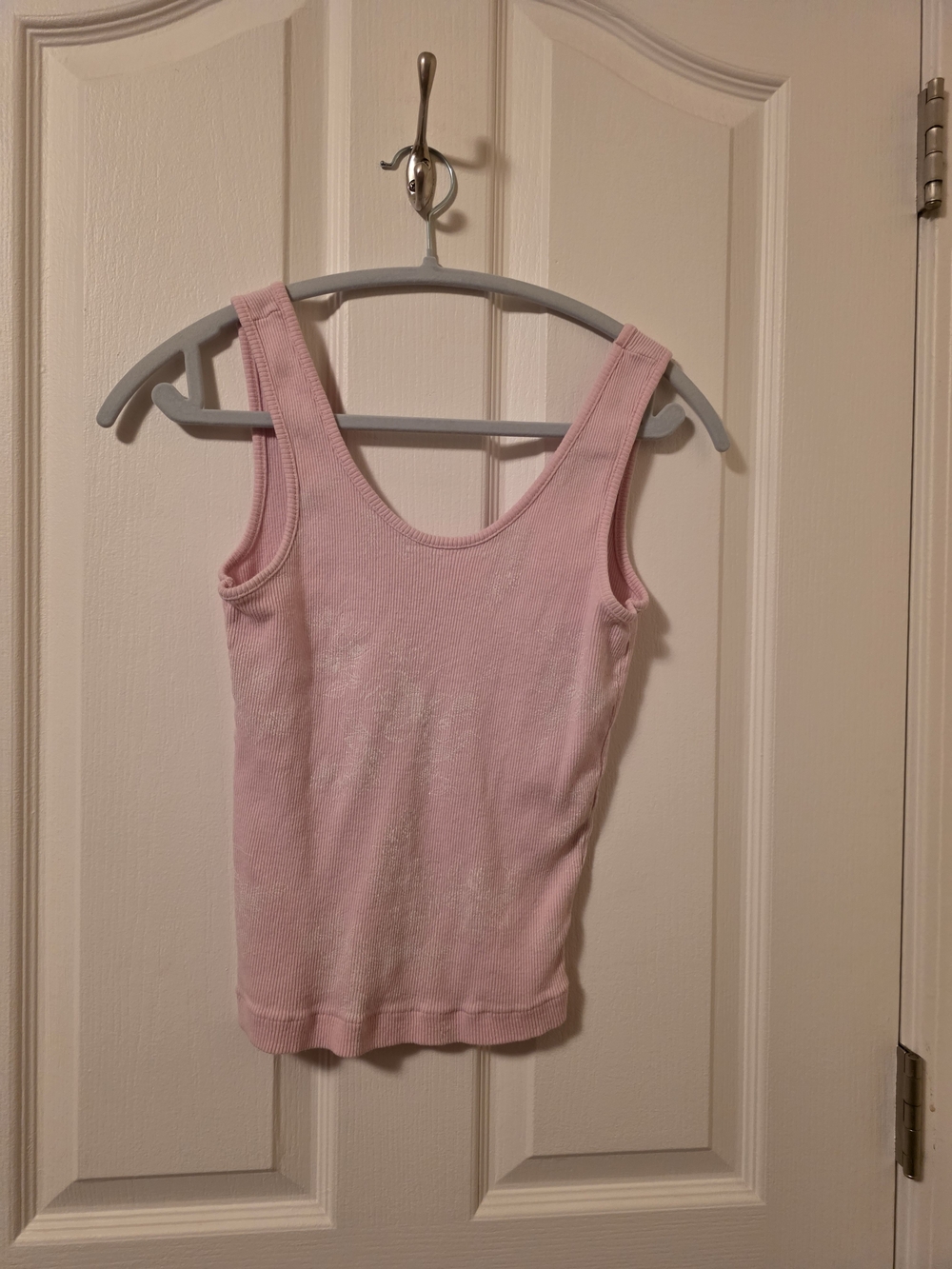 Vintage Women's Pink Ribbed Tank Top With White Floral Outlines